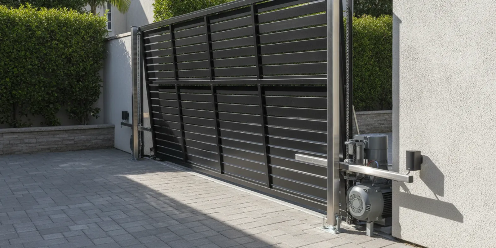 Vertical lift gate operator installed beside a raised driveway gate