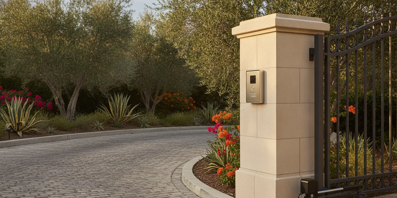 Video intercom station beside an estate gate operator