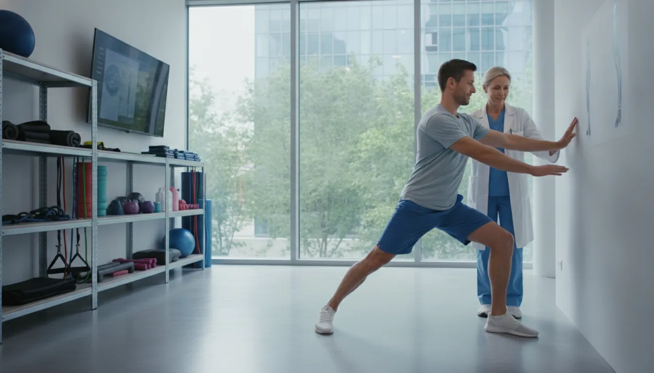 Podiatrist guiding an athlete through Achilles tendon rehabilitation exercises