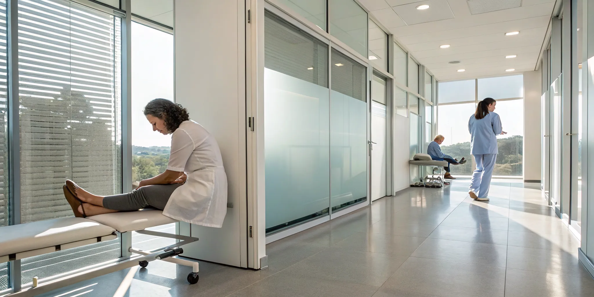 A doctor and nurse in a clinic hallway discussing bunion surgery for cosmetic reasons.