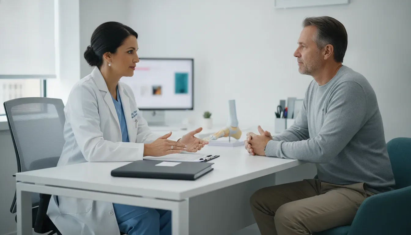 Doctor and patient discussing stem cell therapy for diabetic neuropathy during a foot care consultation