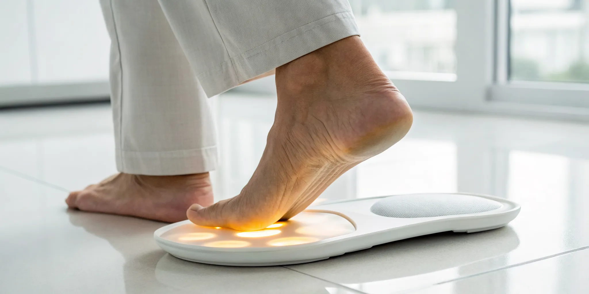 A foot undergoing fat pad restoration treatment with a medical device.