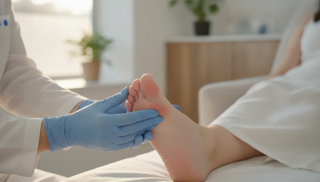 Podiatrist examining a patient foot with gout in the office