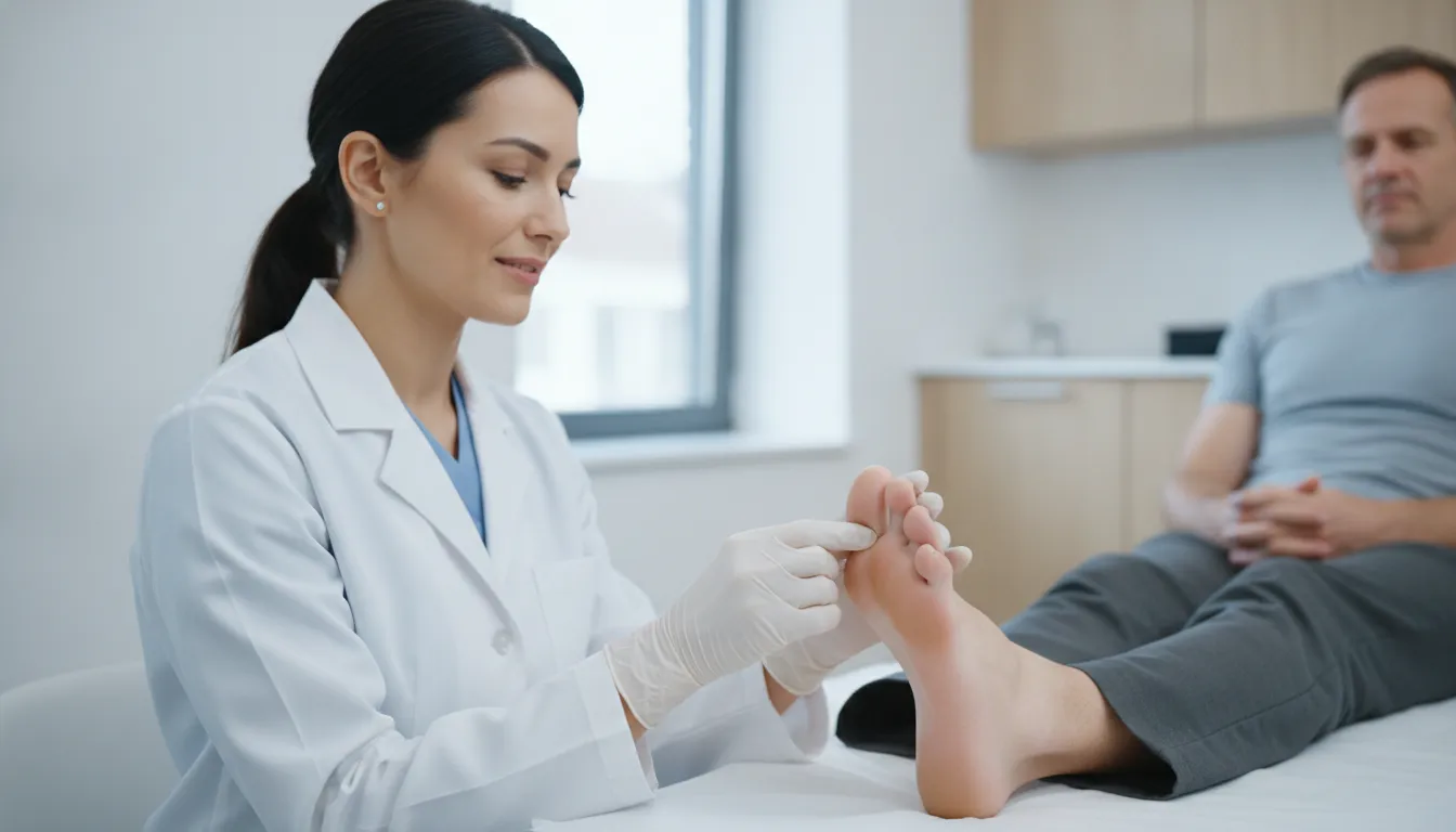 Podiatrist evaluating a patient for hammertoe surgery without hardware