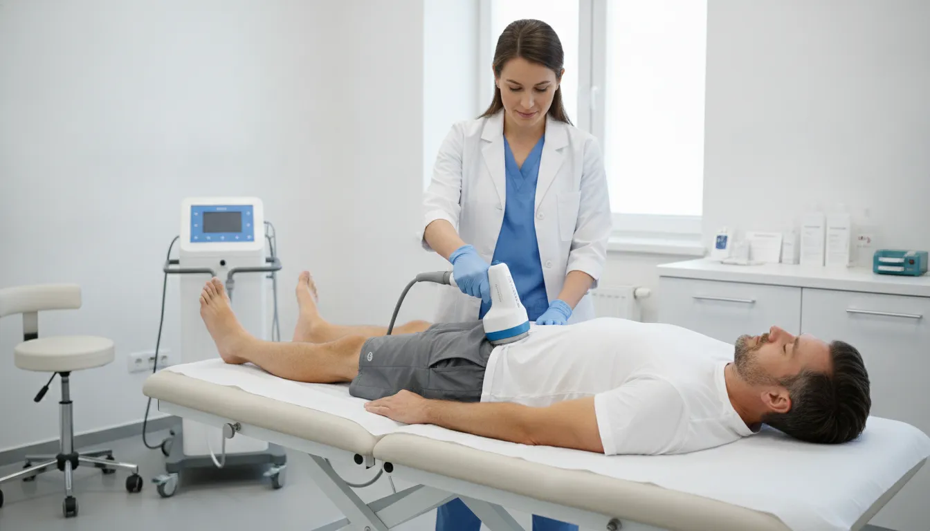 Clinician applying shockwave therapy near an active patient's Achilles tendon