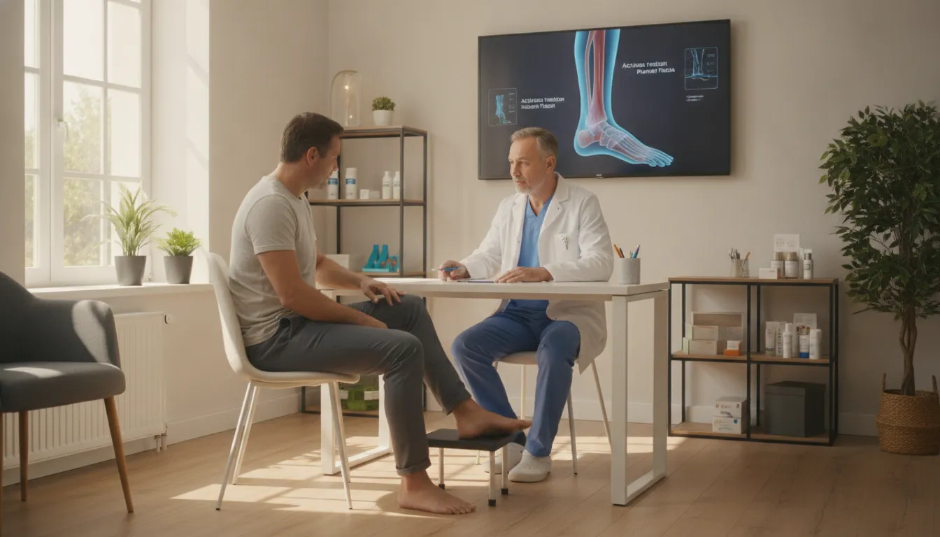 Patient discussing peptide therapy plantar fasciitis options with a podiatrist
