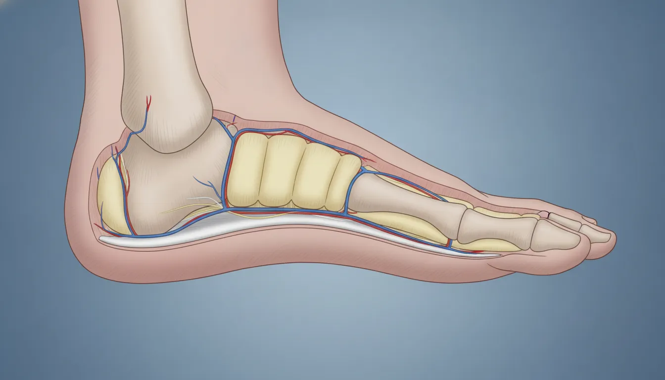 Medical illustration of fat pad augmentation foot cushioning beneath the metatarsal heads