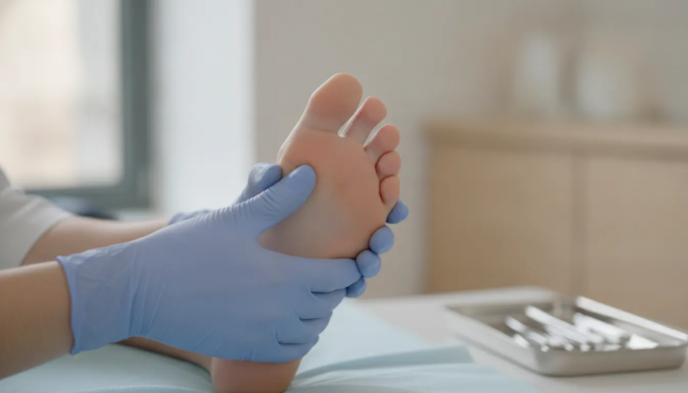 Podiatrist performing a manual examination of a patient's forefoot to check for Morton's neuroma in a medical office