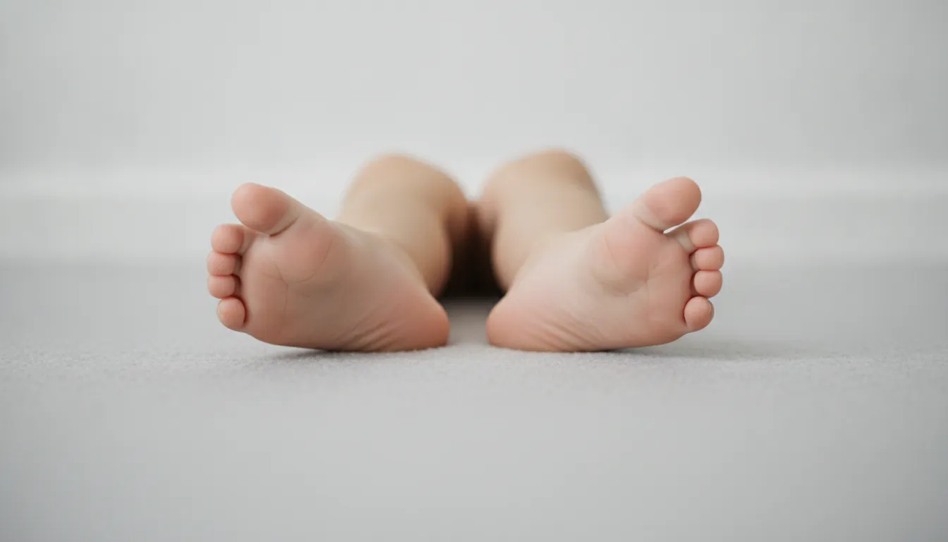 Close-up of a young child standing barefoot on a mat, showing the natural flat arch position common in early childhood