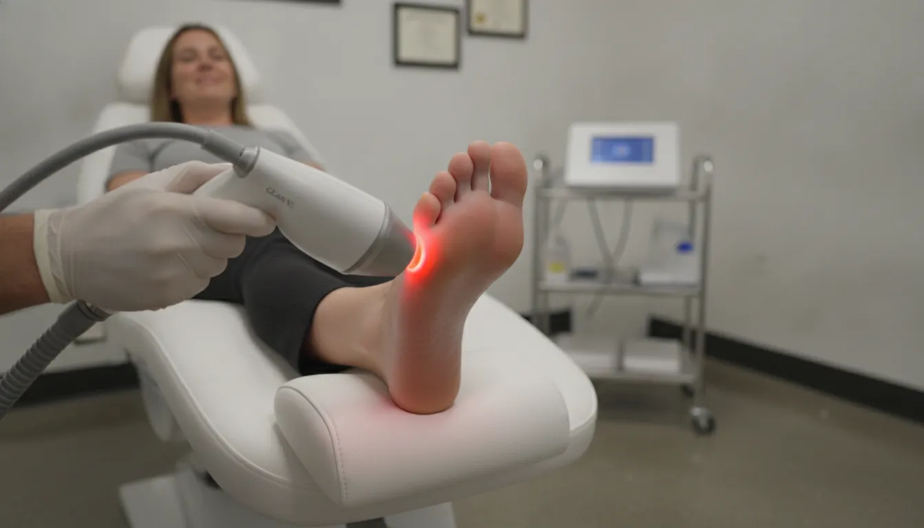 Class IV laser therapy being applied to a patient's foot in a podiatry office