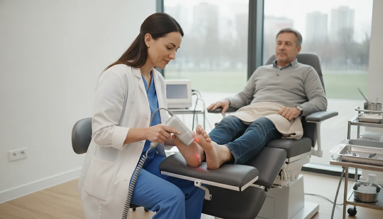 Class IV laser therapy applied to a patient's foot in a modern podiatry office