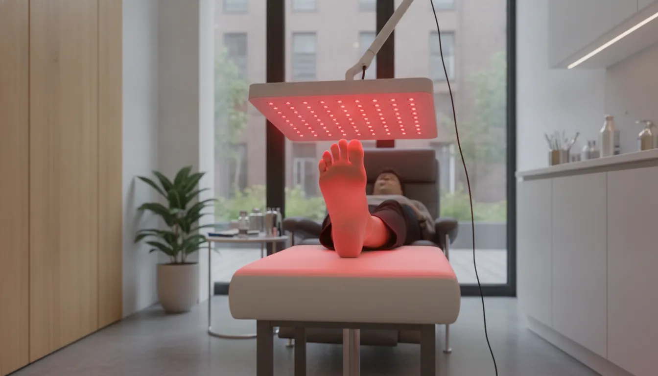 Patient receiving red light therapy for tarsal tunnel syndrome at a podiatry clinic