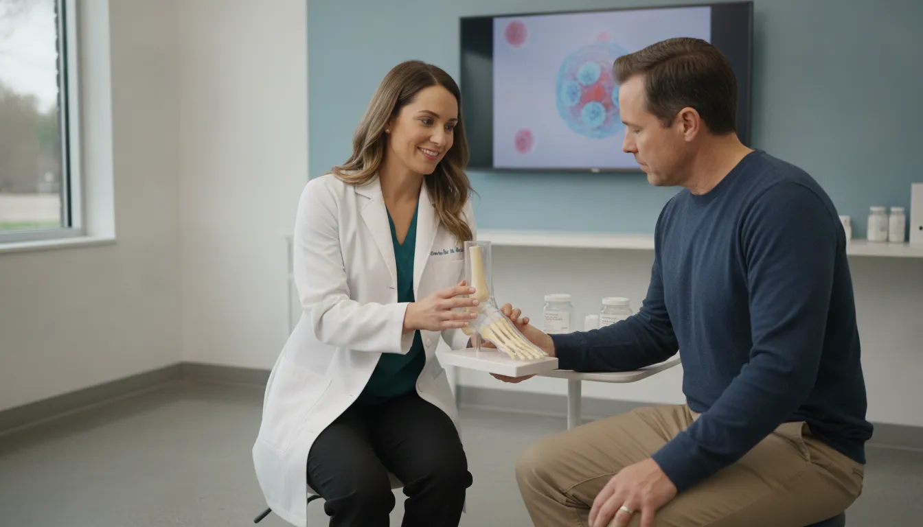 Podiatrist explaining stem cell therapy for plantar fasciitis during a consultation