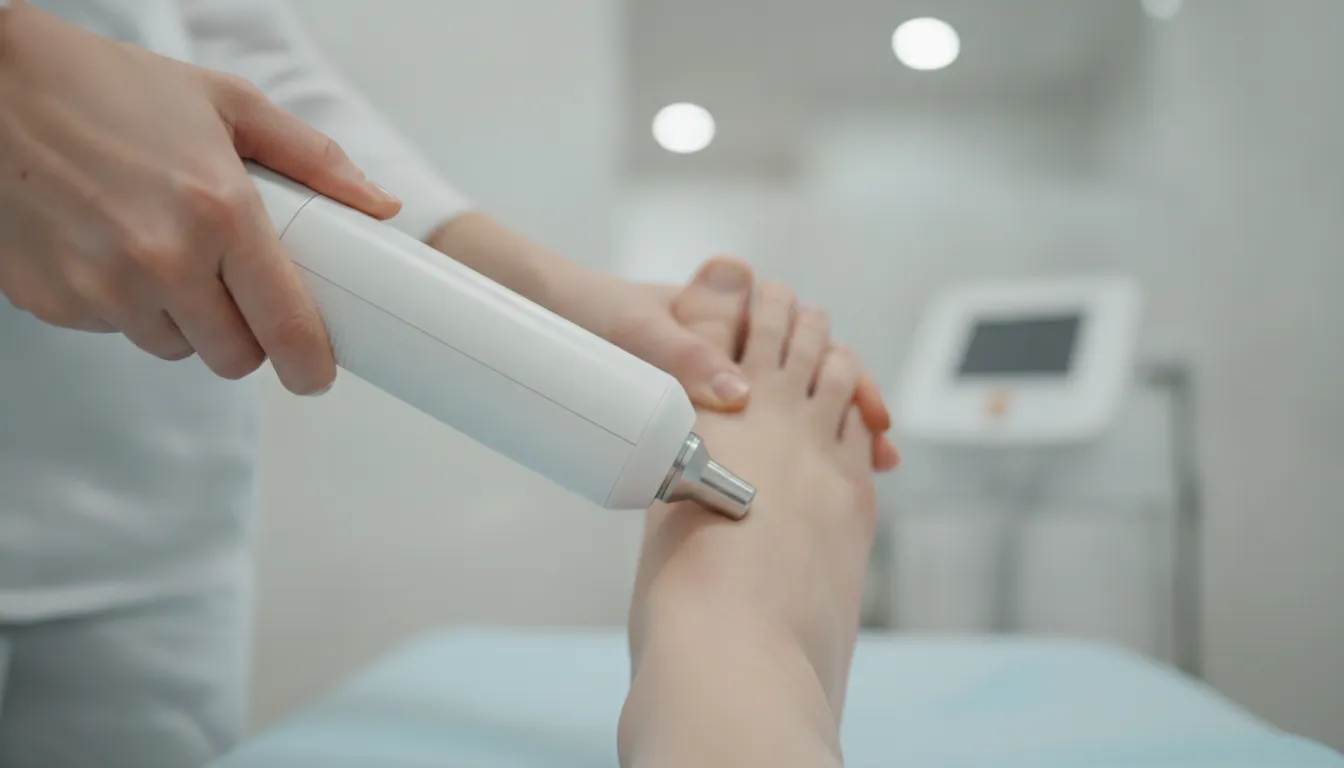 A podiatrist performing shockwave therapy on a patient's foot using a hand-held device in a modern clinic