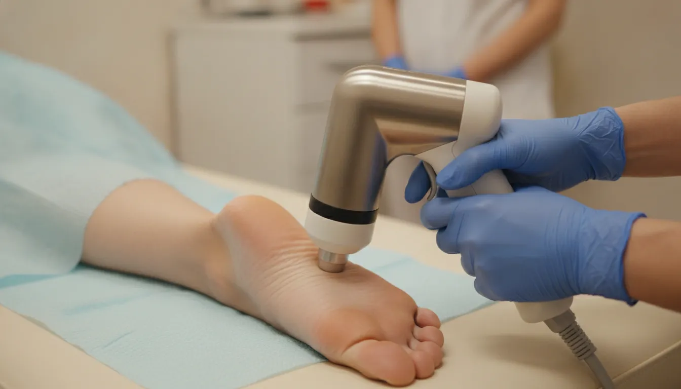 Podiatrist applying extracorporeal shock wave therapy to a patient's heel as part of heel spur treatment