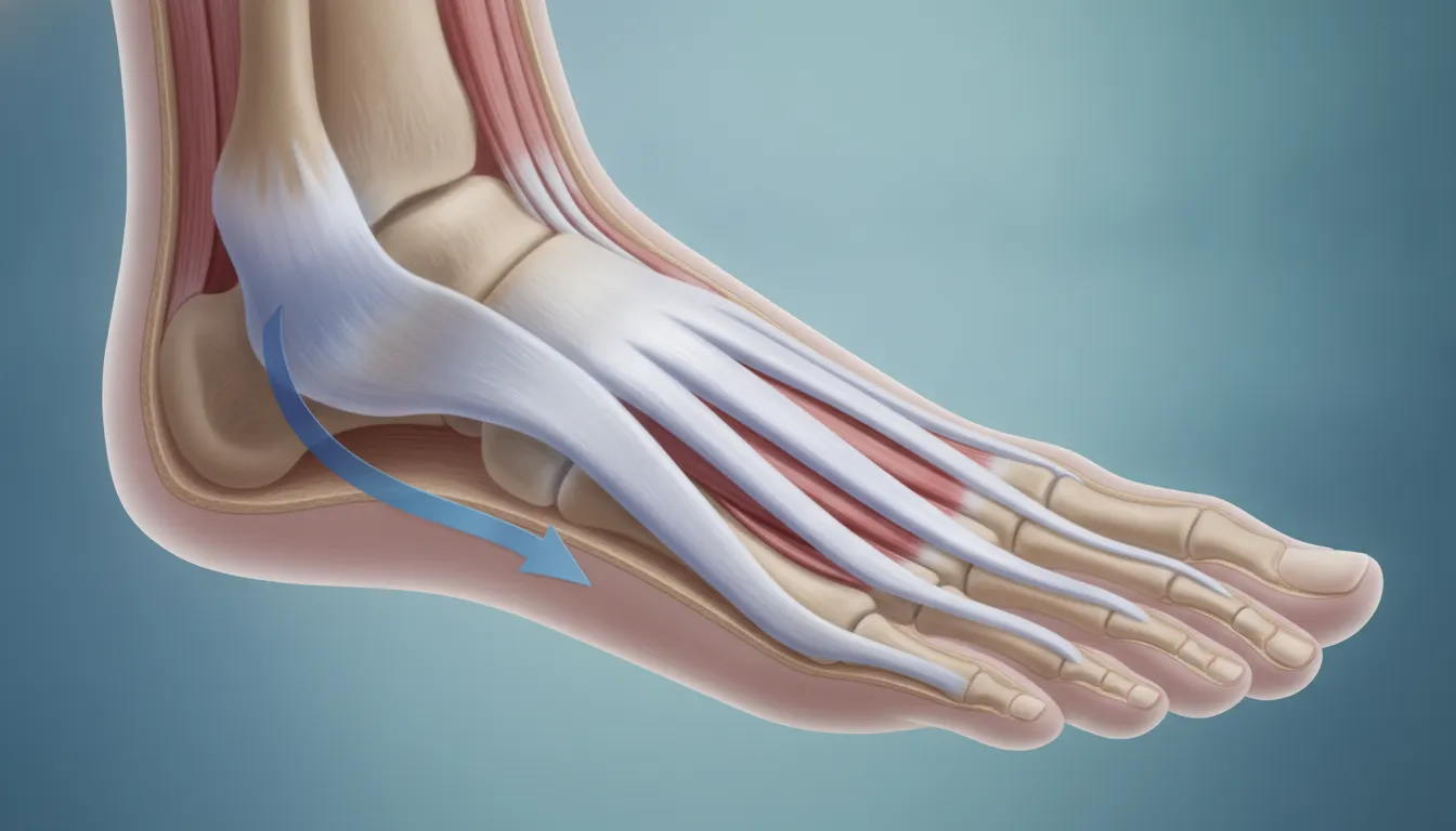 Illustration showing the plantar fascia band of tissue running along the bottom of the foot