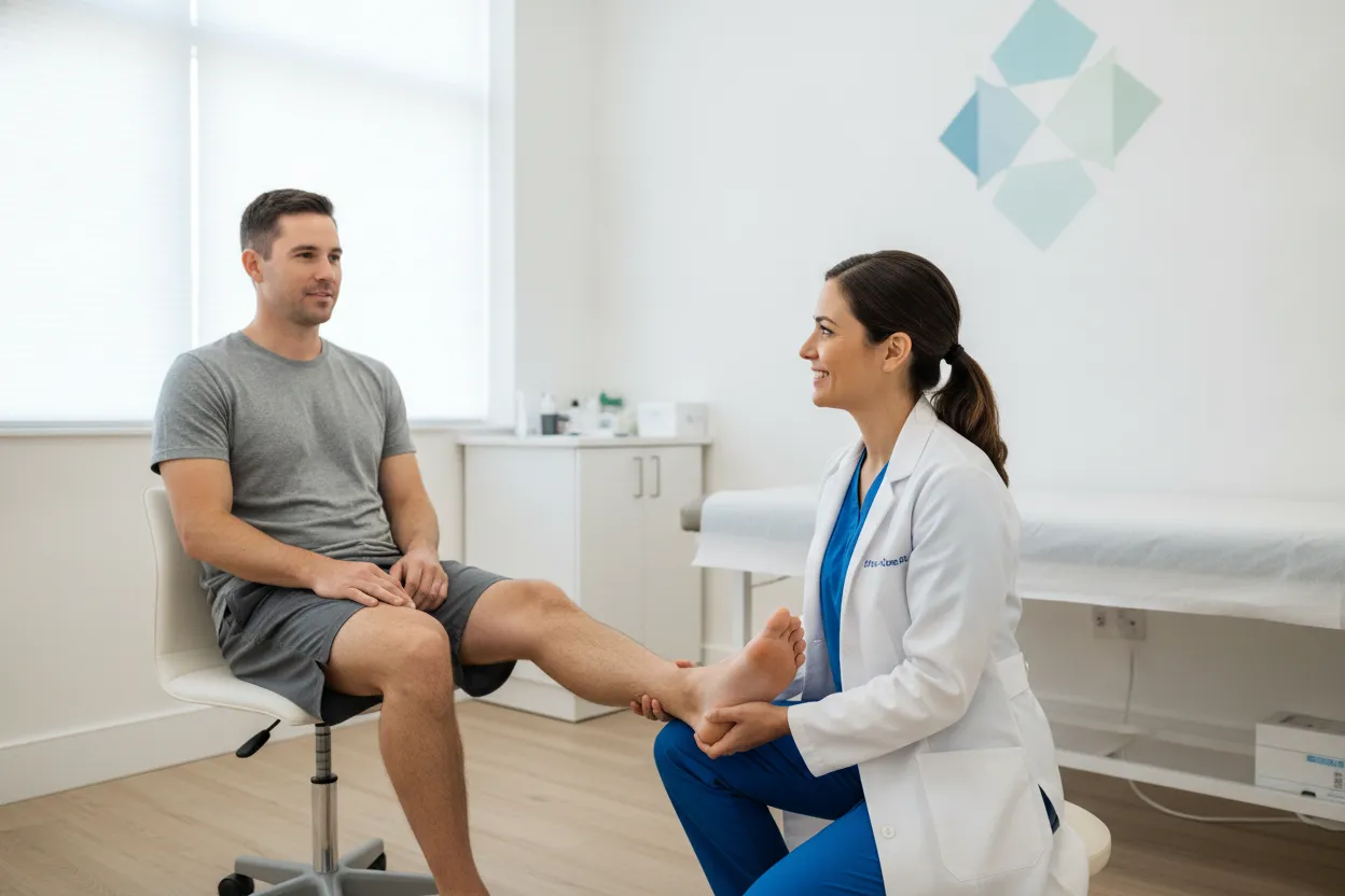 Podiatric physician examining a seated adult patient's ankle during a consultation for stem cell therapy