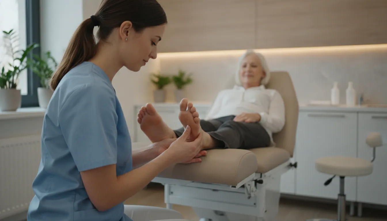 Foot and ankle specialist examining a patient's heel in a modern clinic office