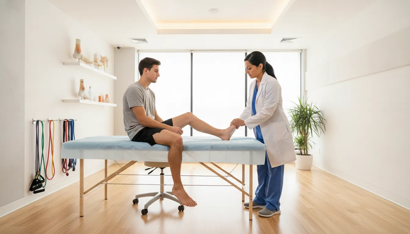 Doctor performing an ankle exam for ankle sprain recovery treatment in a modern clinic