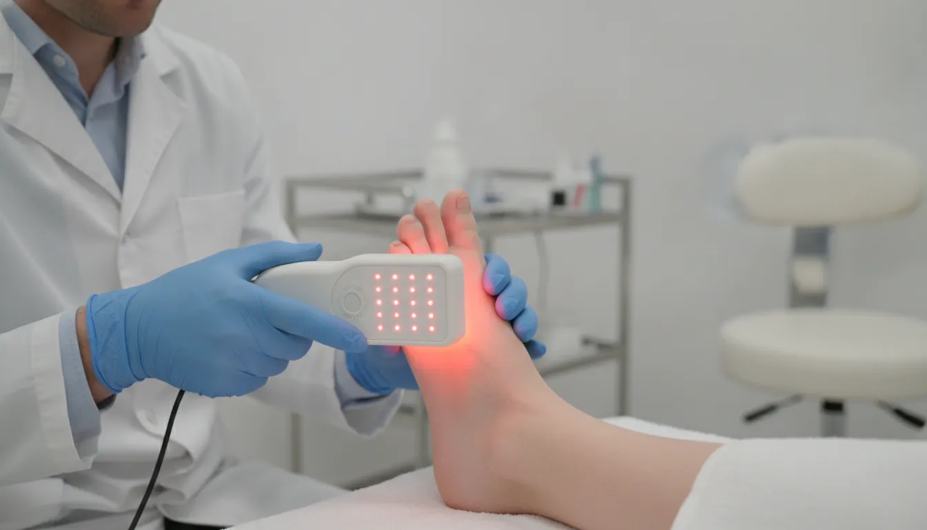 Medical professional administering red light therapy to a patient's foot with a clinical-grade device