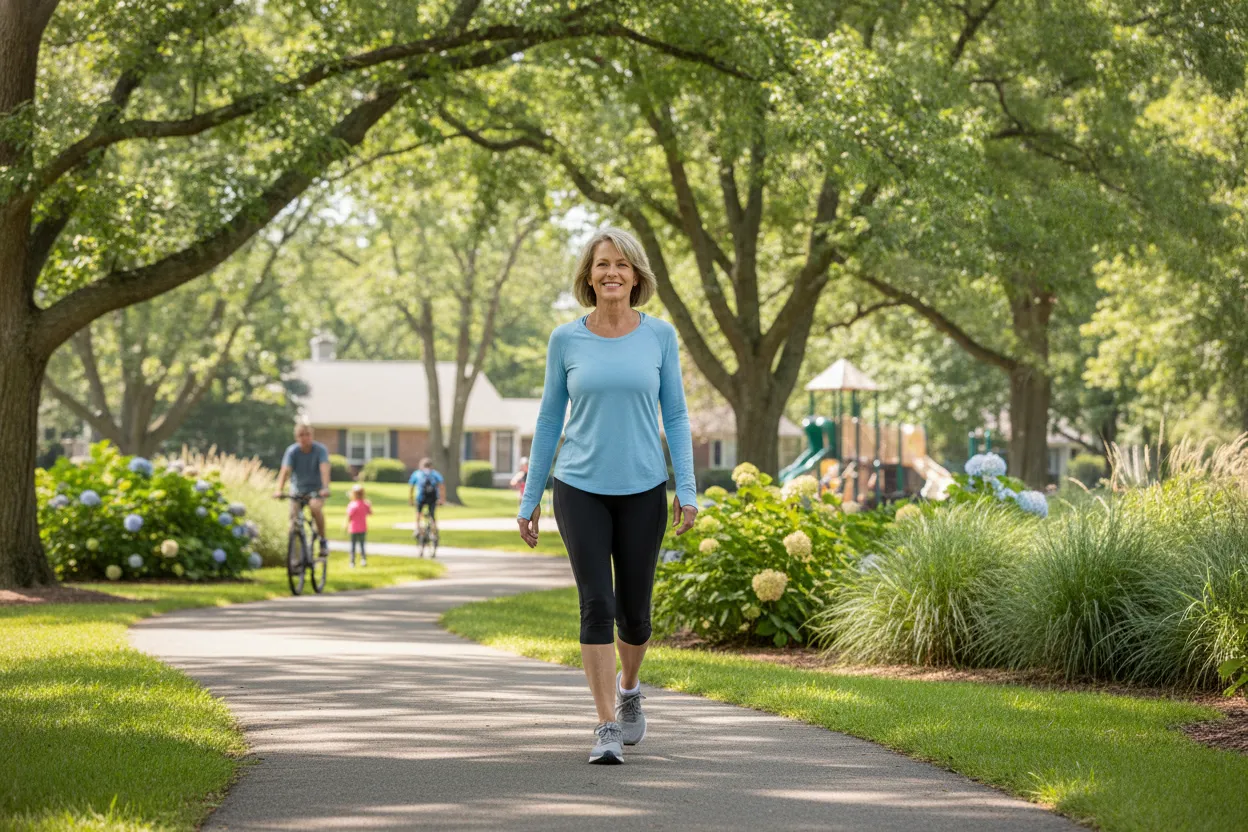 Active middle-aged adult walking on a sunny suburban path after recovering from ankle treatment