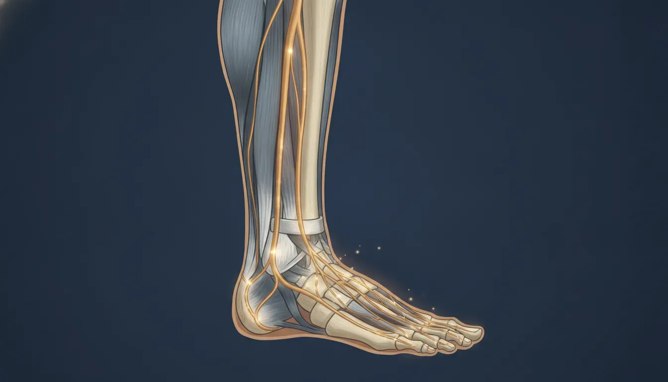 Anatomical illustration of peripheral nerves in a foot affected by diabetic neuropathy