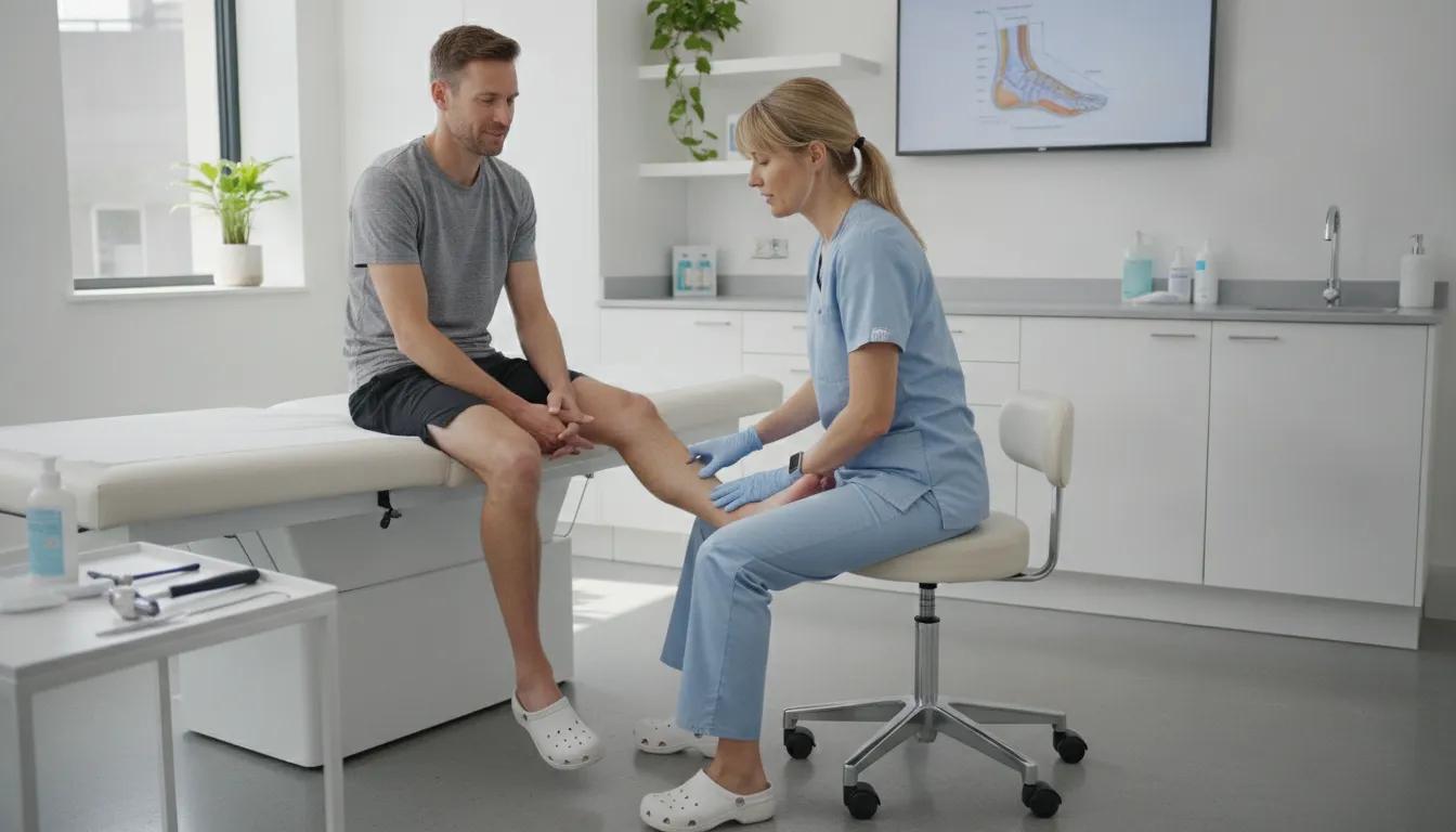Podiatrist evaluating a patient's heel and plantar fascia before discussing peptide therapy