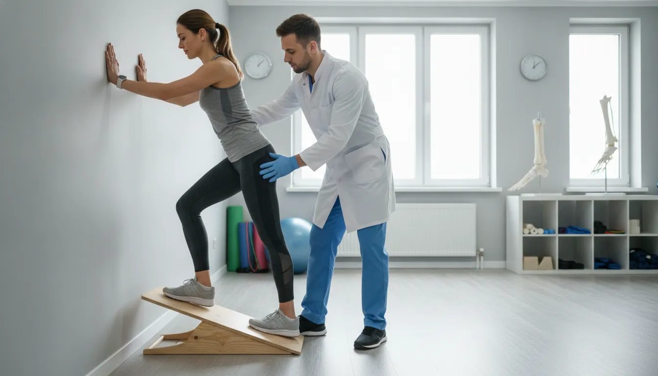 Runner performing a guided stretch during plantar fasciitis recovery