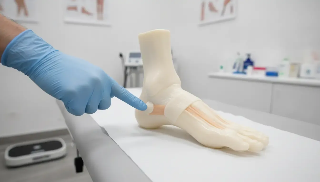 Anatomical foot model showing the plantar fascia and heel area during a specialist evaluation