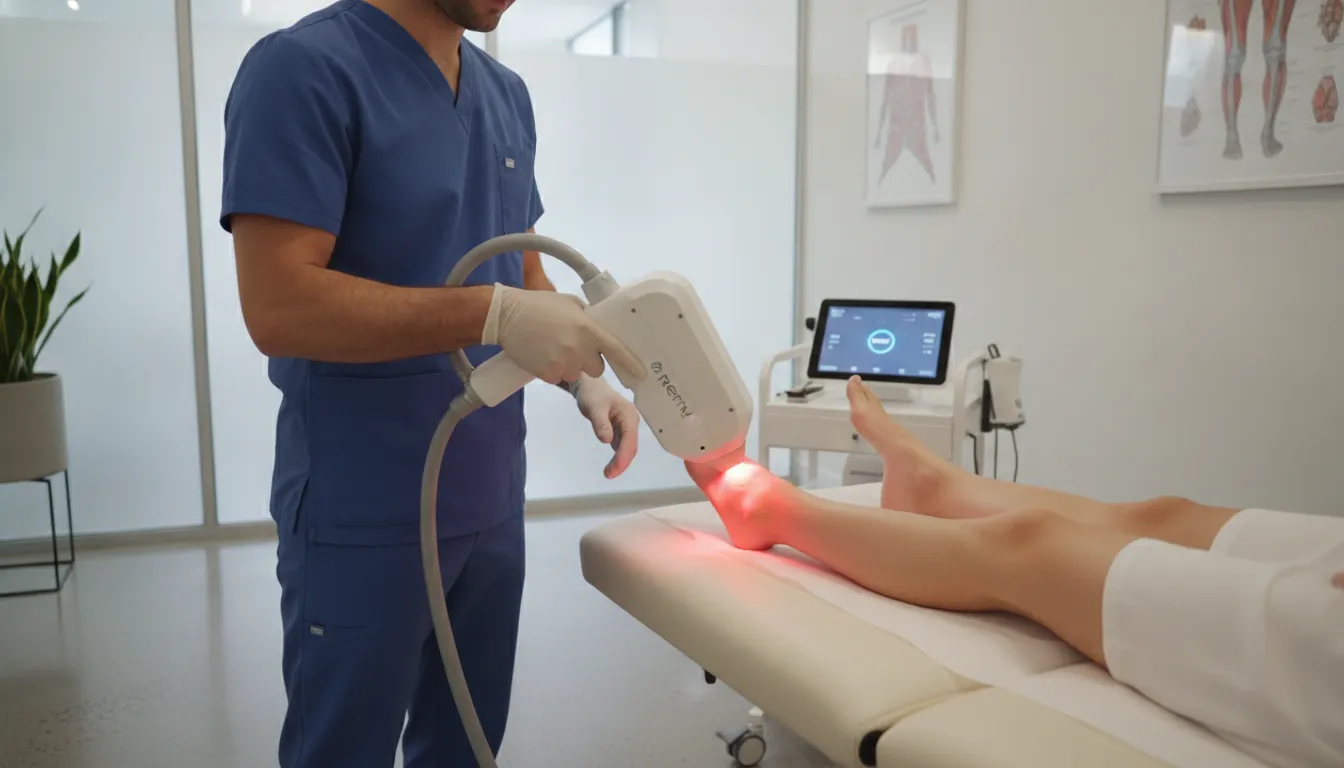 Patient undergoing advanced Class IV Remy laser therapy on their ankle in our Hoffman Estates clinic
