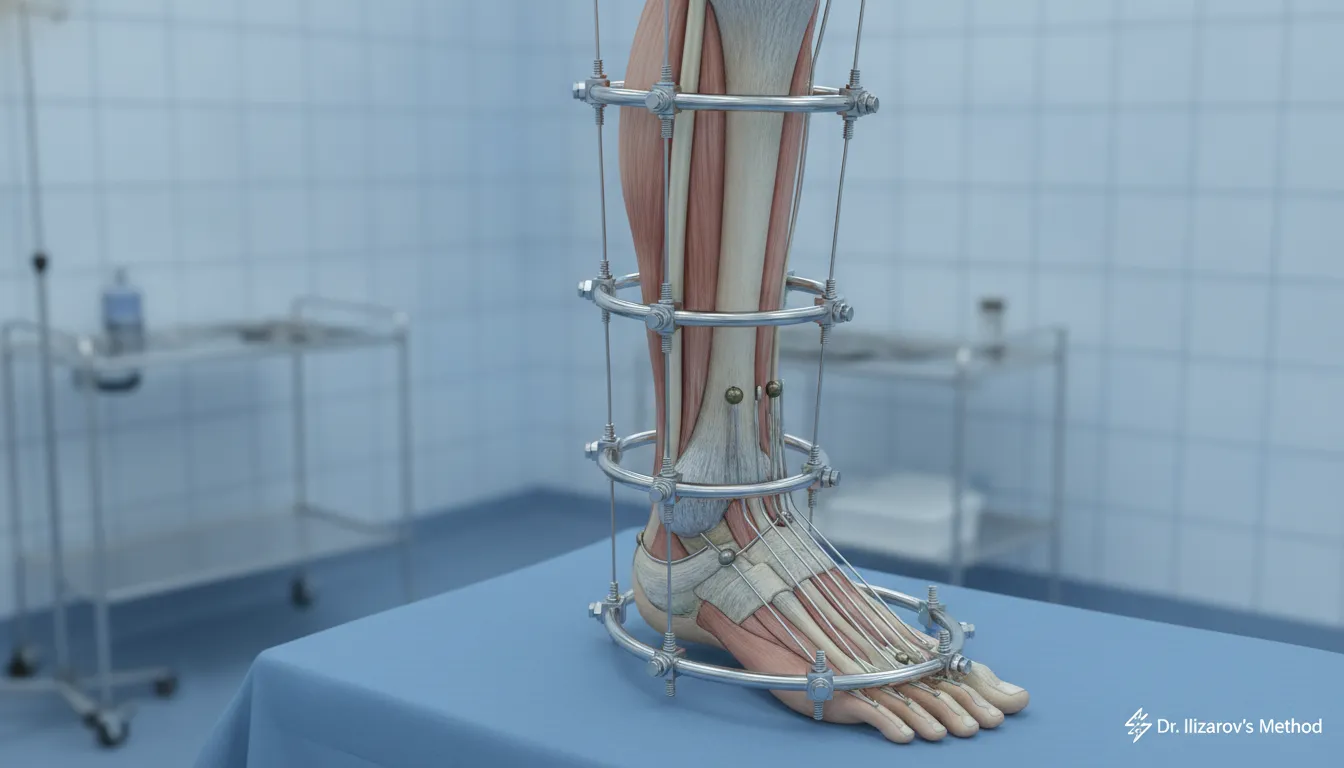 Ilizarov external fixator apparatus on lower leg with circular rings showing gradual bone correction process