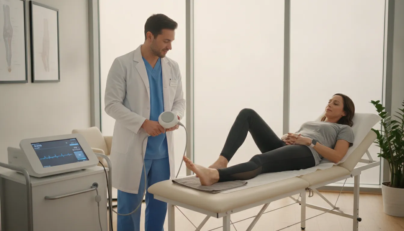 Shockwave therapy for plantar fasciitis treatment setup in a podiatry office