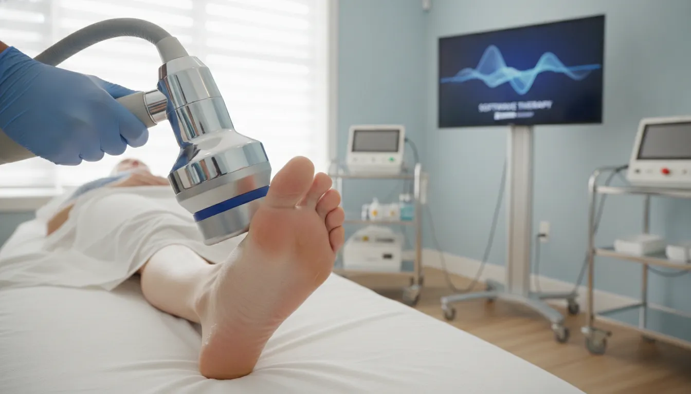 Advanced physical therapy session applying Extracorporeal Shock Wave SoftWave therapy to a patient foot