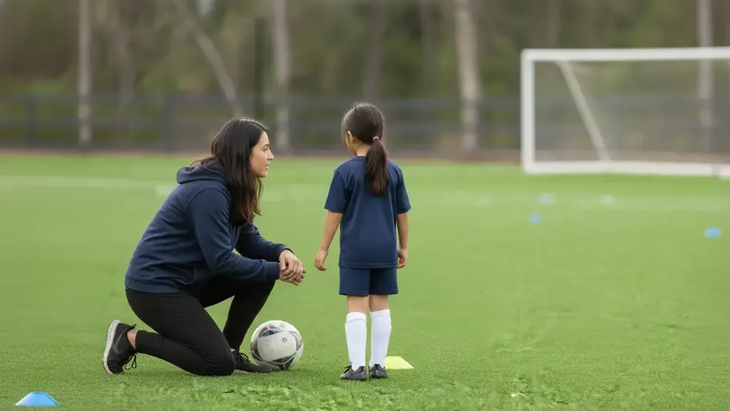 Parent talking with a youth soccer player after practice about the next competitive soccer step