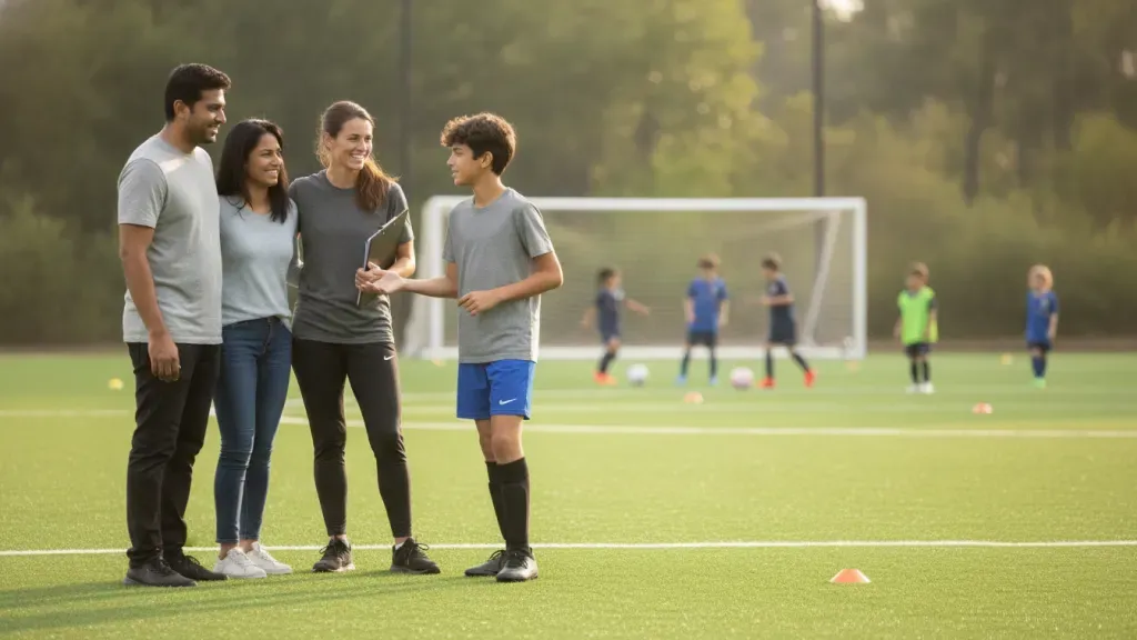 Houston soccer family speaking with a coach during an academy visit