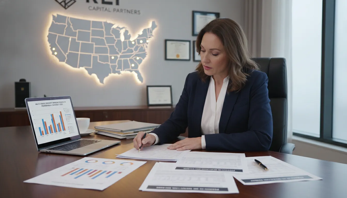 Real estate investor reviewing passive activity loss tax documents with multi-state property portfolio map and financial charts