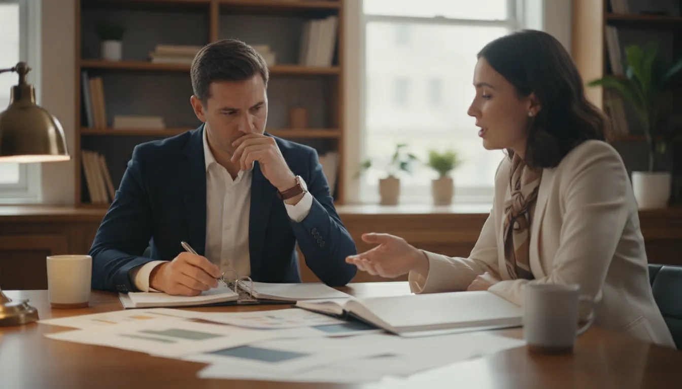 Real estate syndication partners reviewing fund spreadsheets and investor distribution records in a professional office environment