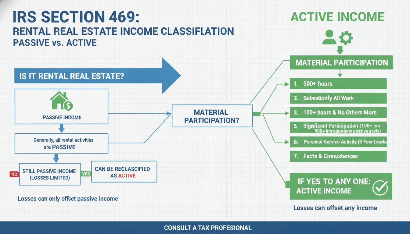 Section 469 IRS tax code diagram showing passive versus active income classification for rental real estate