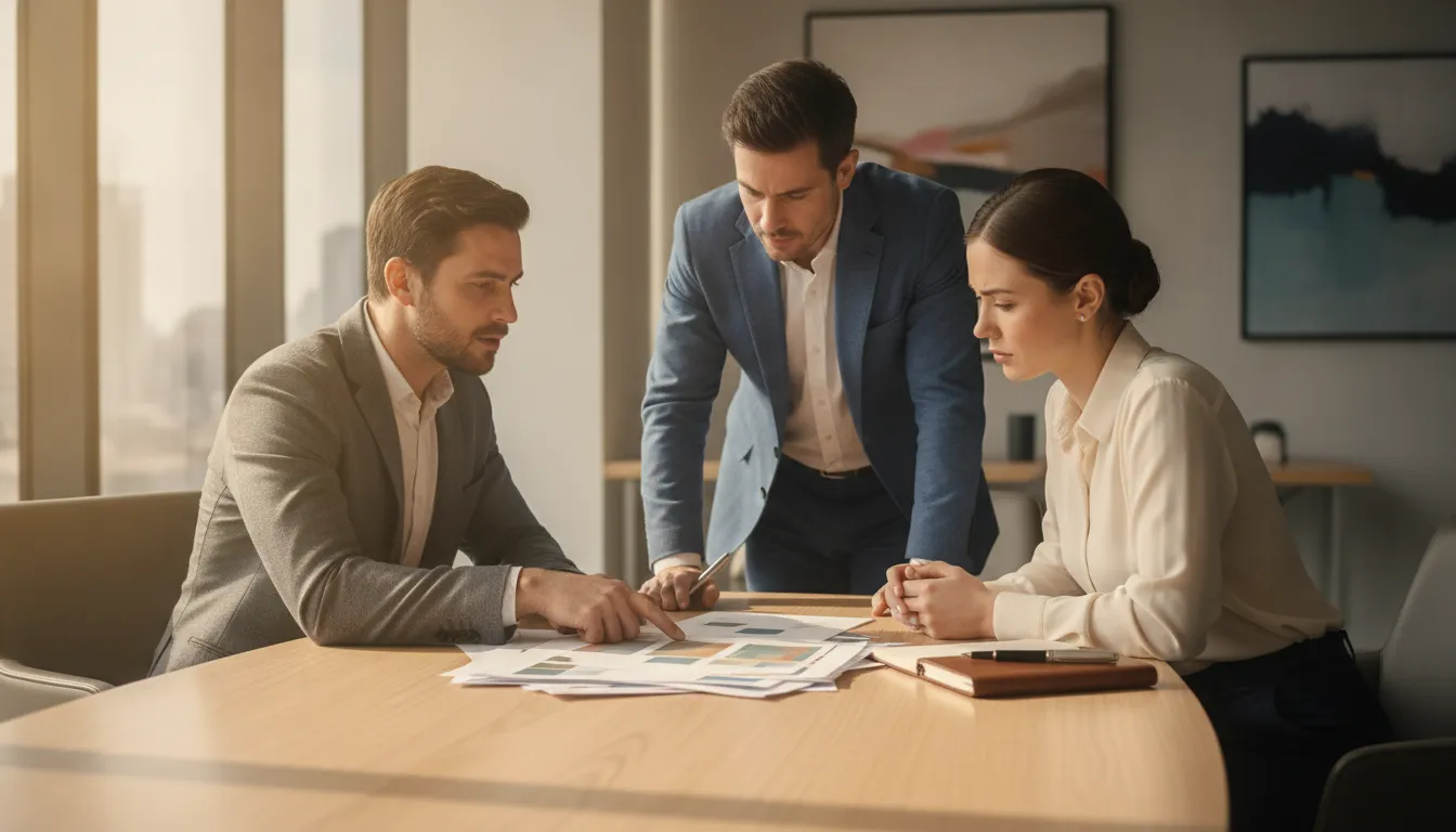 Real estate investors reviewing property-level financial reports with their CPA advisor
