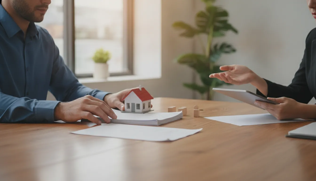 Real estate investor organizing portfolio documents on an office desk