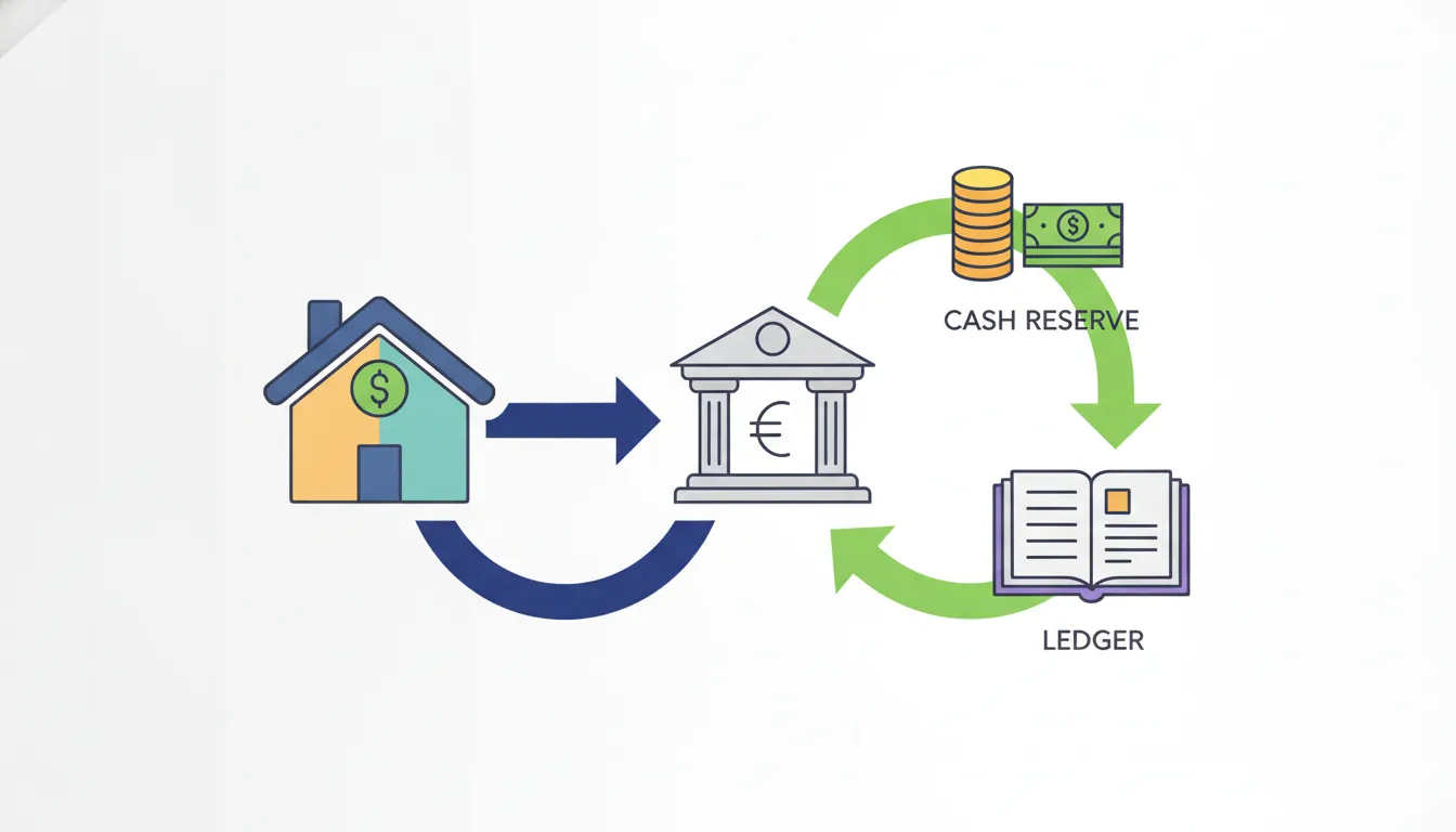 Cash-out refinance rental property accounting flow between property, lender, cash, and records