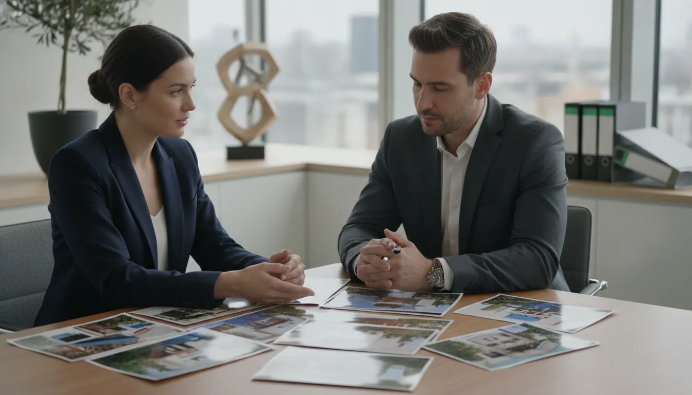 Real estate investor reviewing a property portfolio strategy with a financial advisor in a modern office