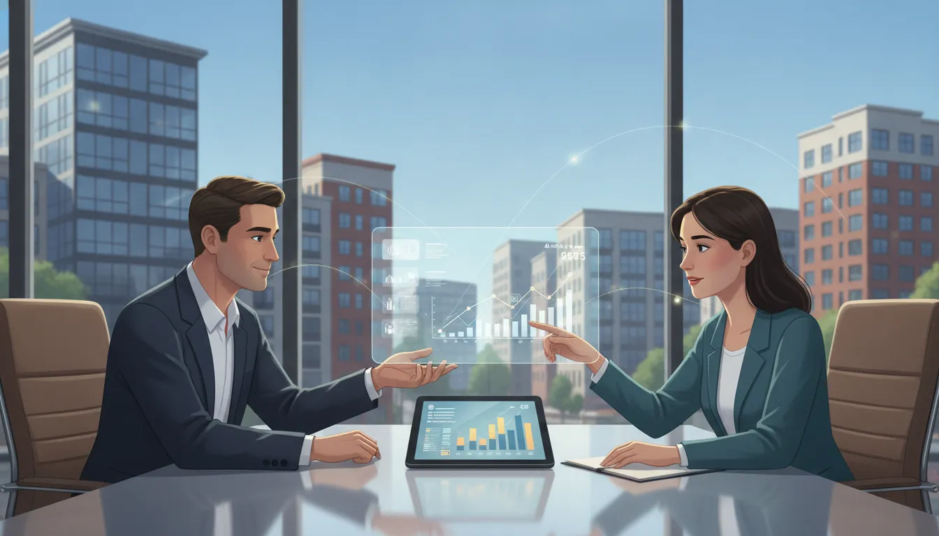 Real estate investor and CFO advisor reviewing portfolio reporting