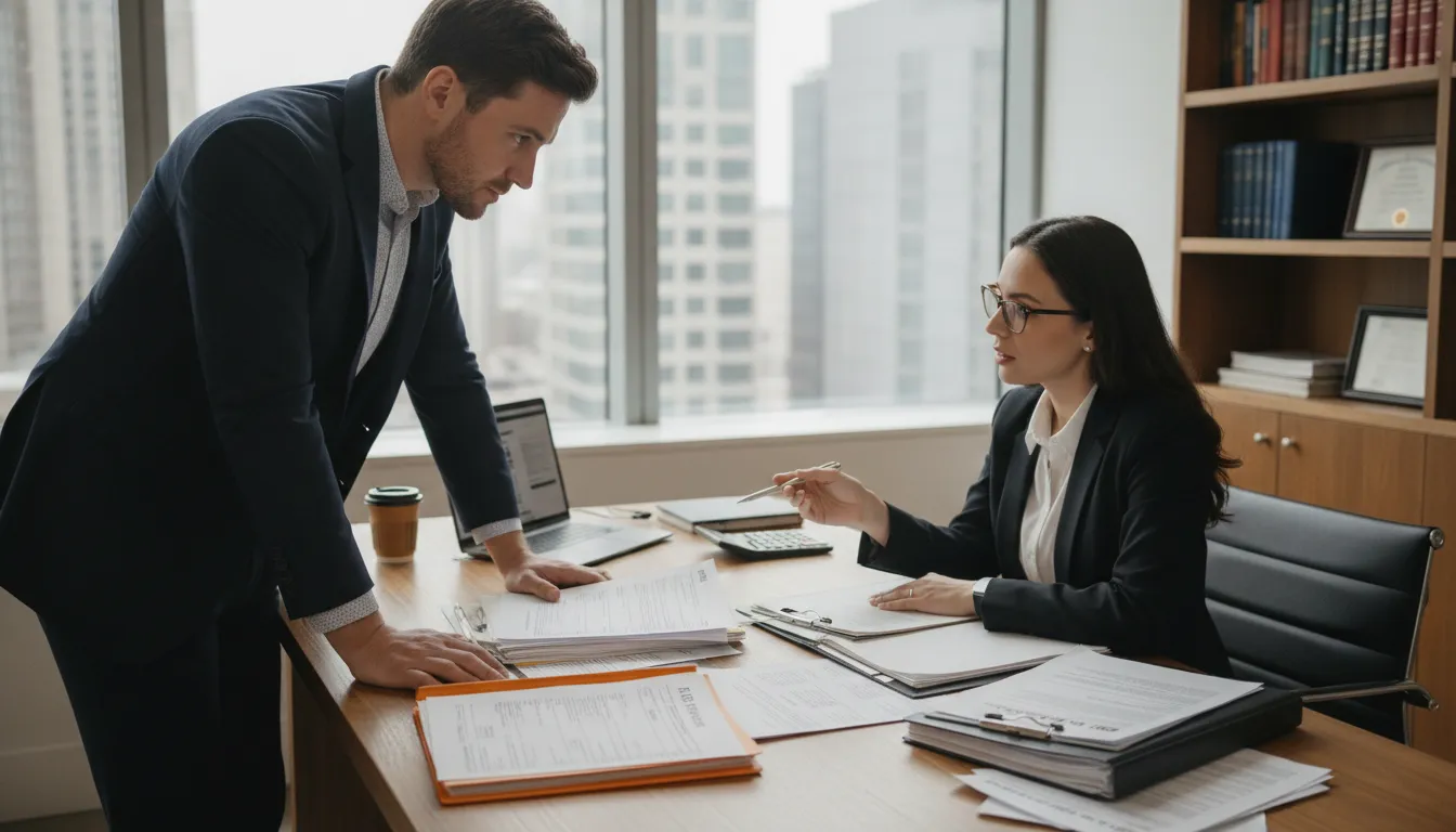 Real estate investor reviewing tax documents with a CPA in a professional office setting