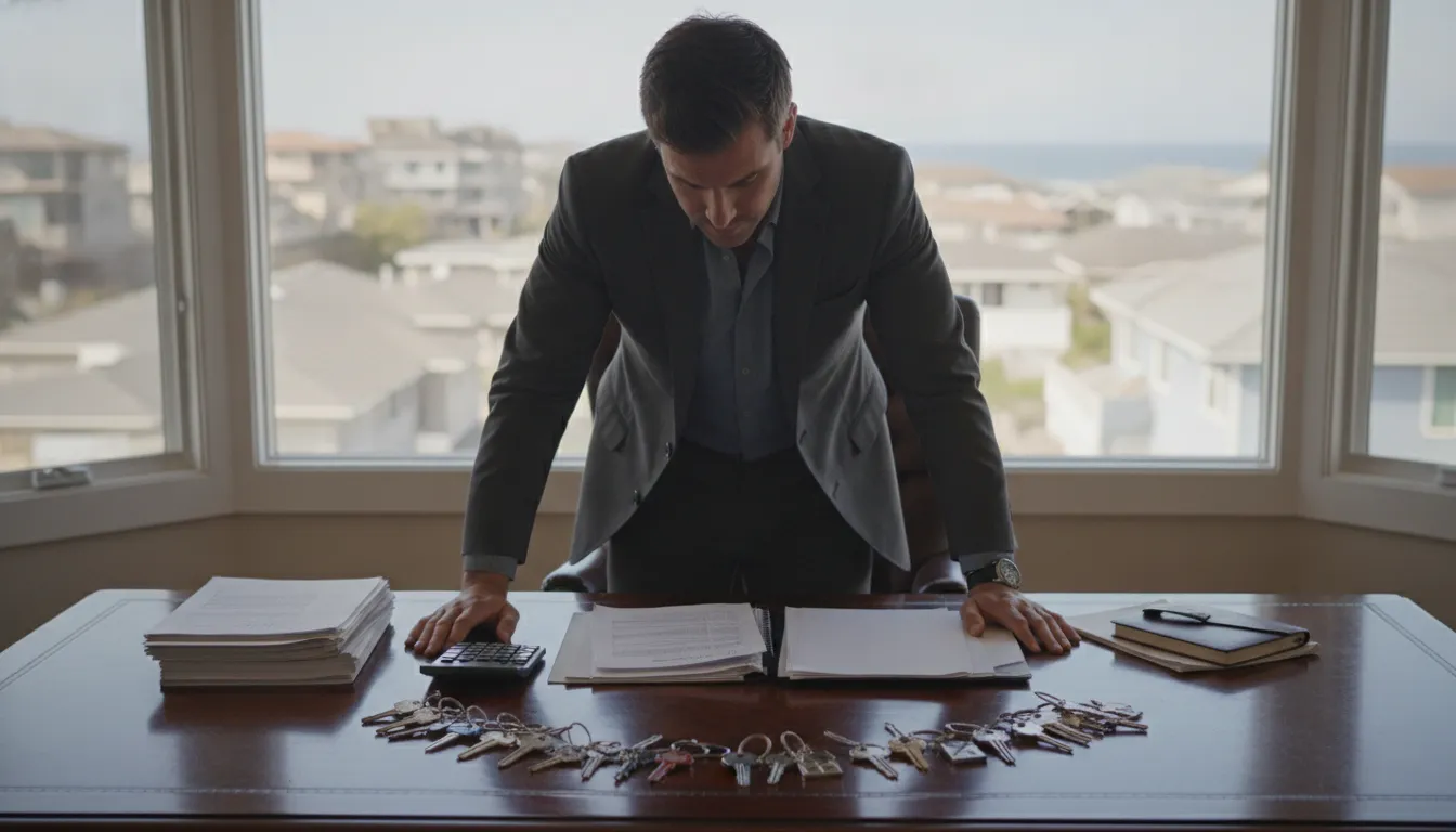 Real estate investor reviewing short-term rental bookkeeping for multiple properties