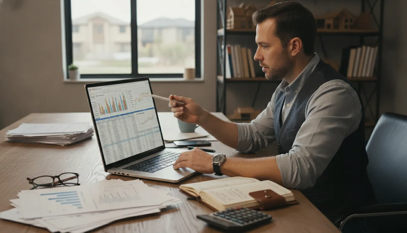 Real estate investor reviewing portfolio budget spreadsheets and cash flow projections on a laptop