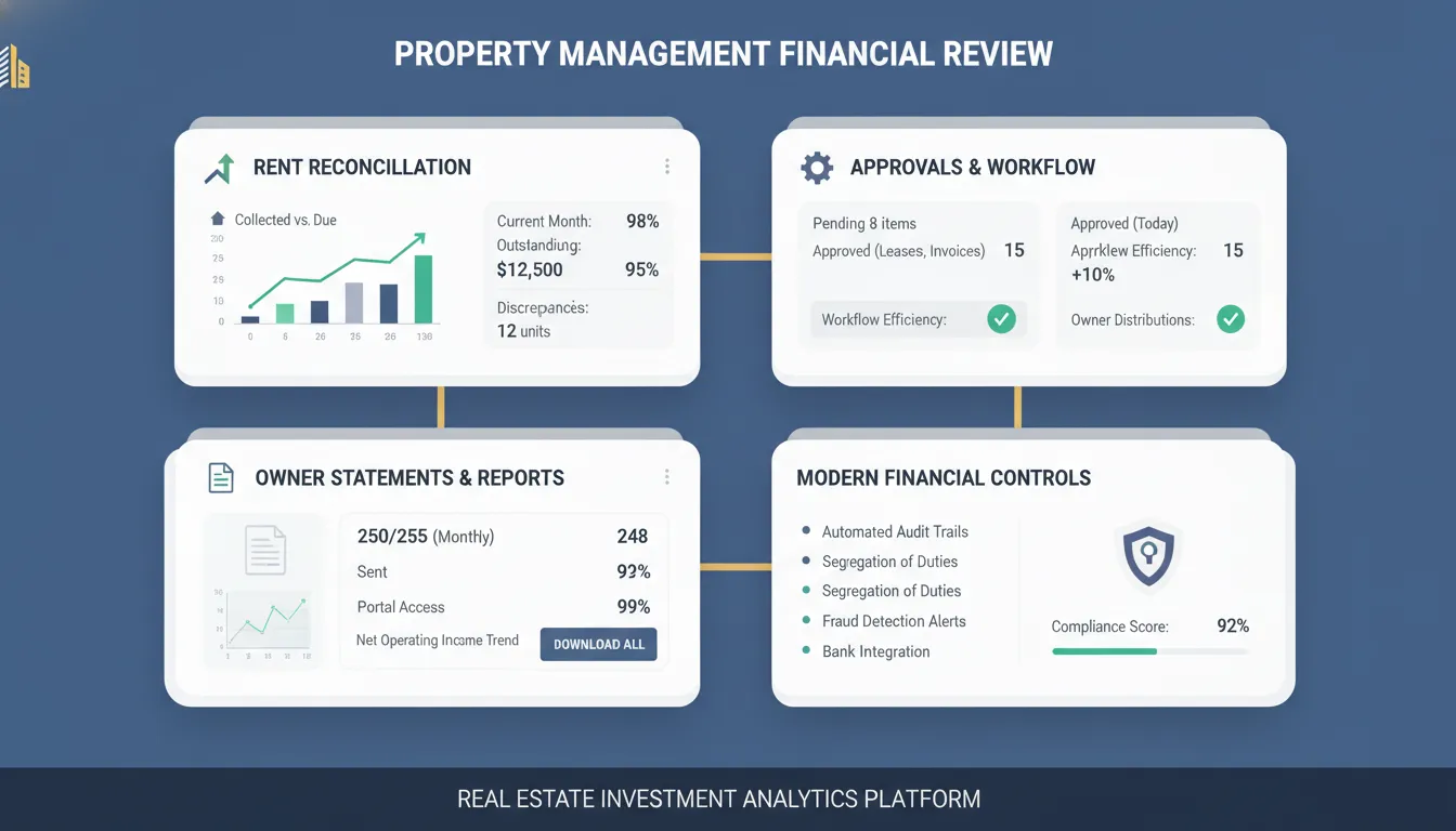 Property management accounting controls workflow for rent reconciliation and owner statements