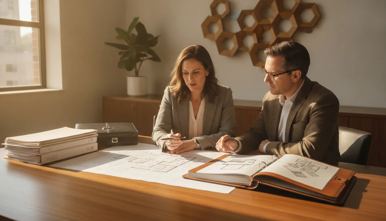 Real estate investor and CPA reviewing property records and depreciation schedules at a desk