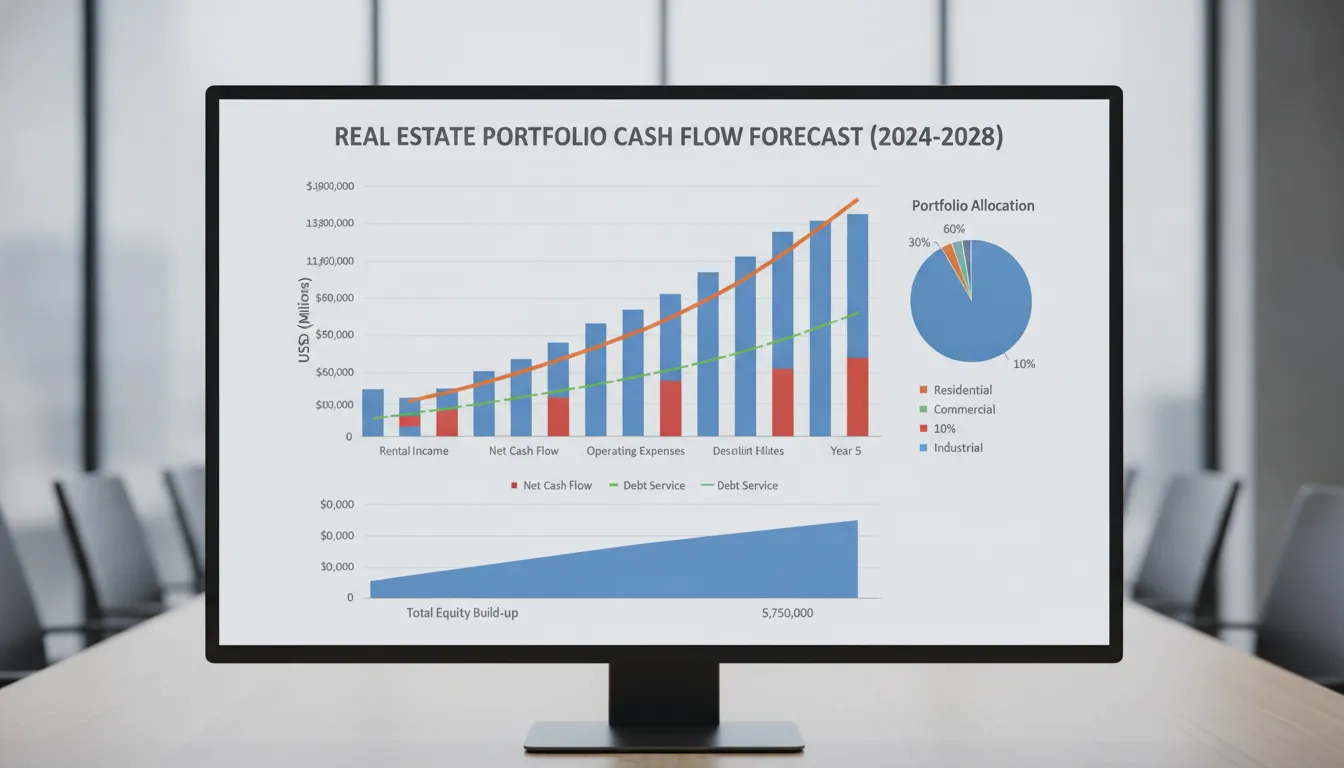 Financial forecast chart showing real estate portfolio cash flow projections and key metrics