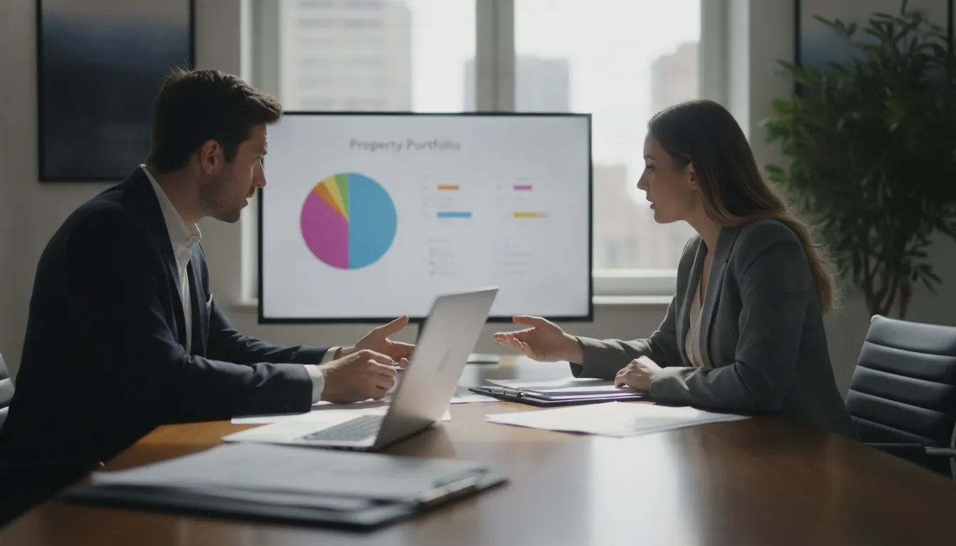 Real estate investor and lender reviewing portfolio documents in a professional office setting